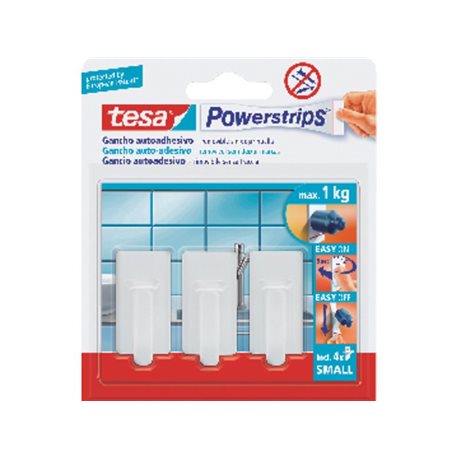 TESA Menaje Powerstrips3 ganchos+4tiras Para cualquier lugar del hogar hasta 1kg 57530-00014-01, (6 u.)